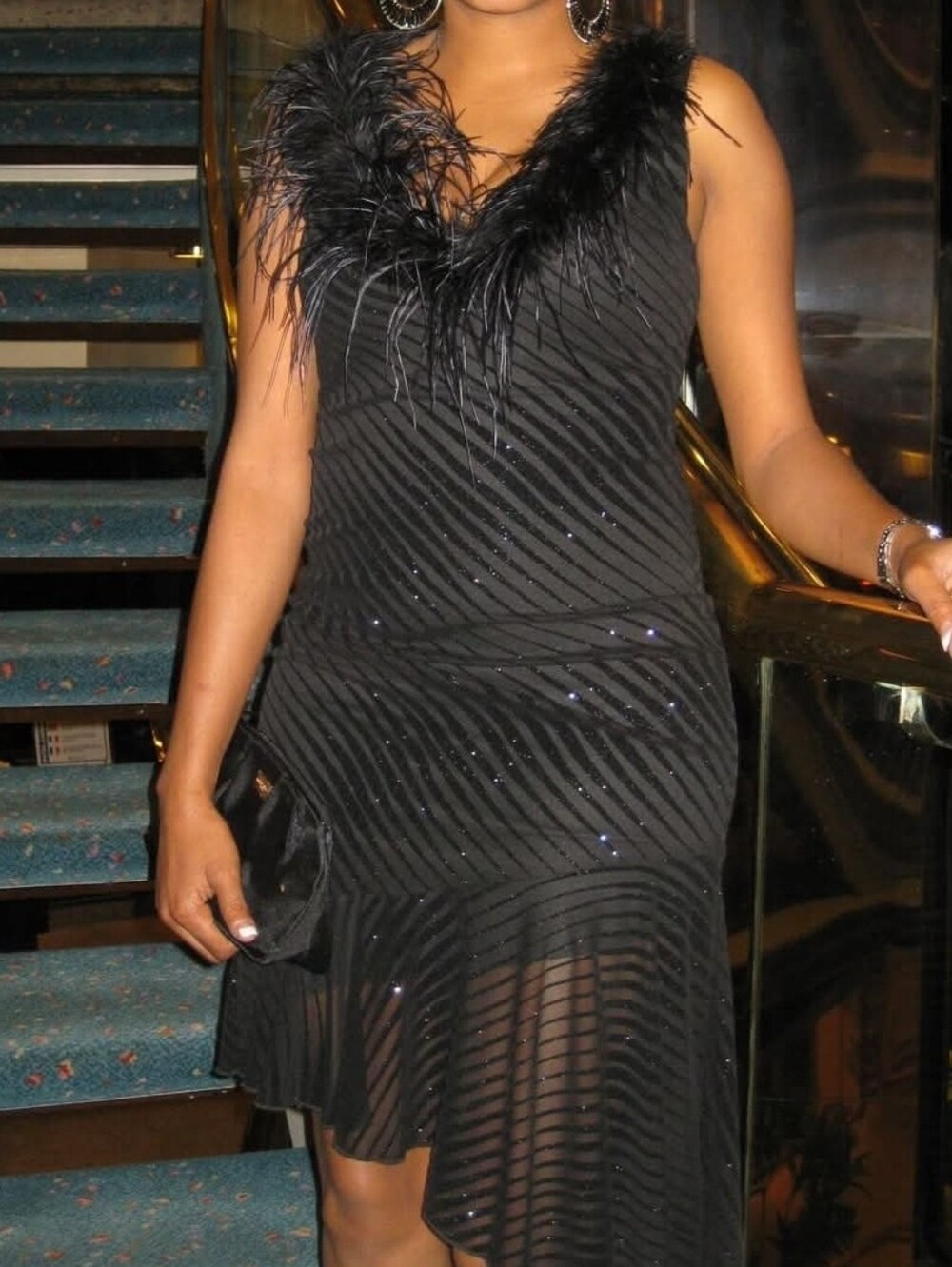 Oggi Collection Vtg Black Feather Trim Cocktail Dress Medium Glitter Asymmetric